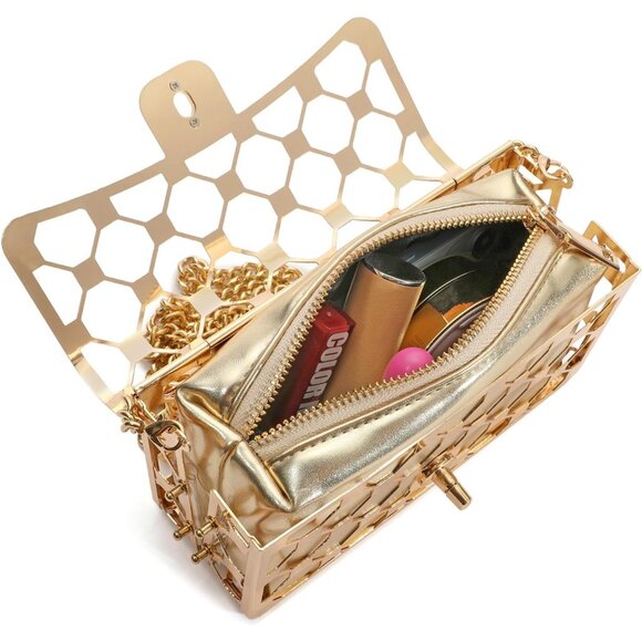 ⚡ Women\'s Gold Evening Elegant Exquisite Metal Hollow Clutch Crossbody Handbag